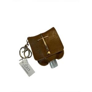 New CITY Genuine Leather Brown Gold-Tone Cross Hand Sanitizer Keychain holder